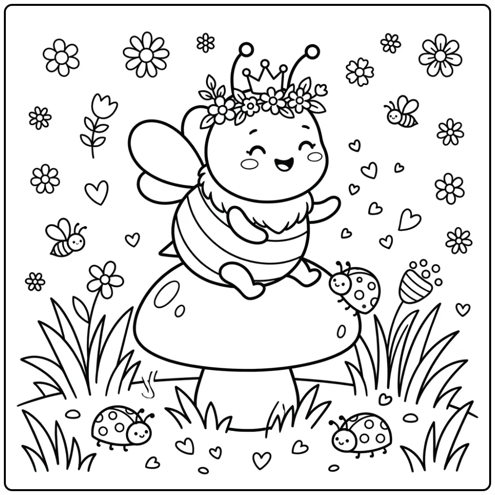 Schattige bijen kleurplaat van baby bijtje op een paddenstoel.