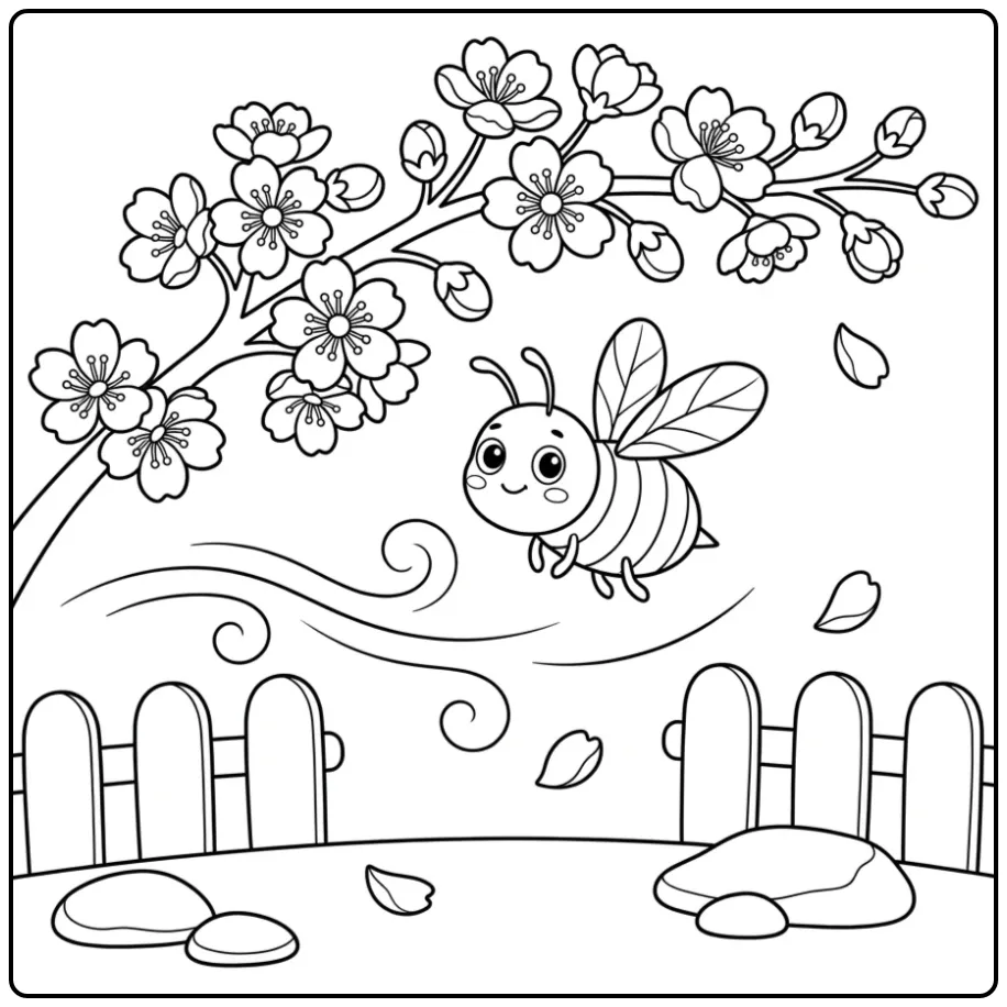Schattige bijen kleurplaat met kersenbloesem en hekje.