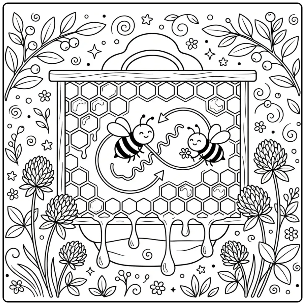 Leuke bijen kleurplaat van dansende bijen op een honingraat
