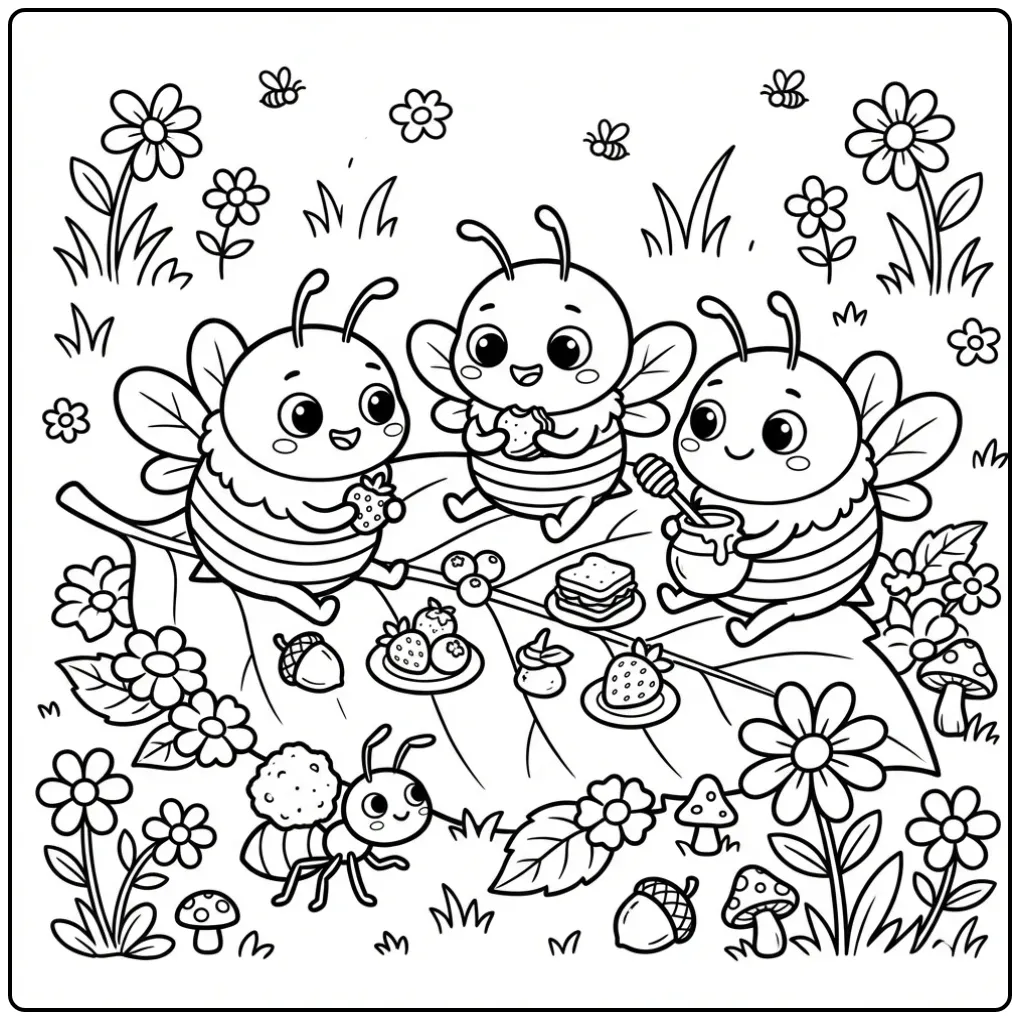 Leuke bijen kleurplaat van een gezellige picknick in de natuur.