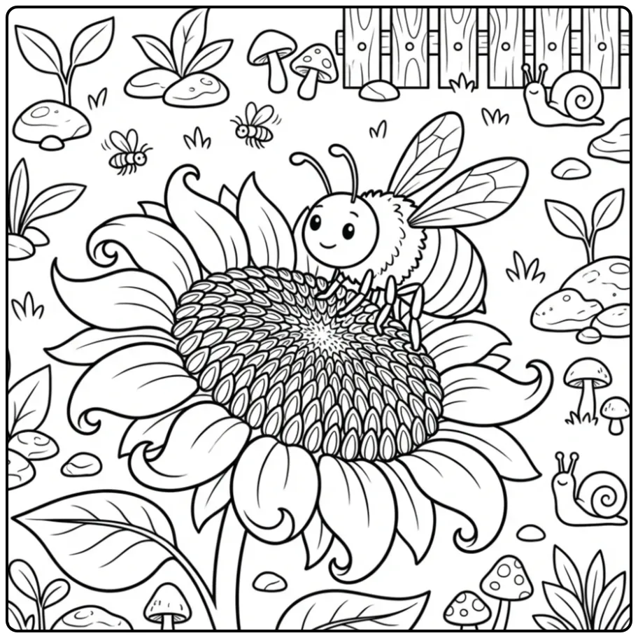 Leuke bijen kleurplaat met een zonnebloem en houten hek.