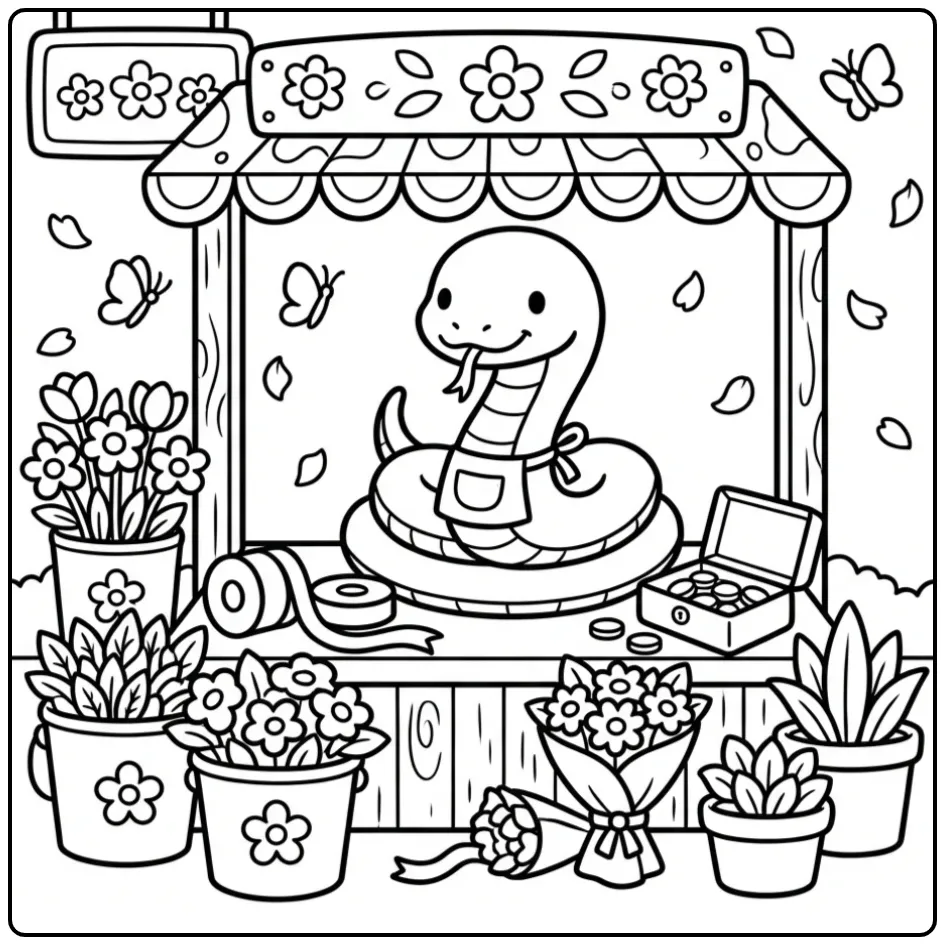 Schattige kleurplaat slang in een bloemenkraampje.