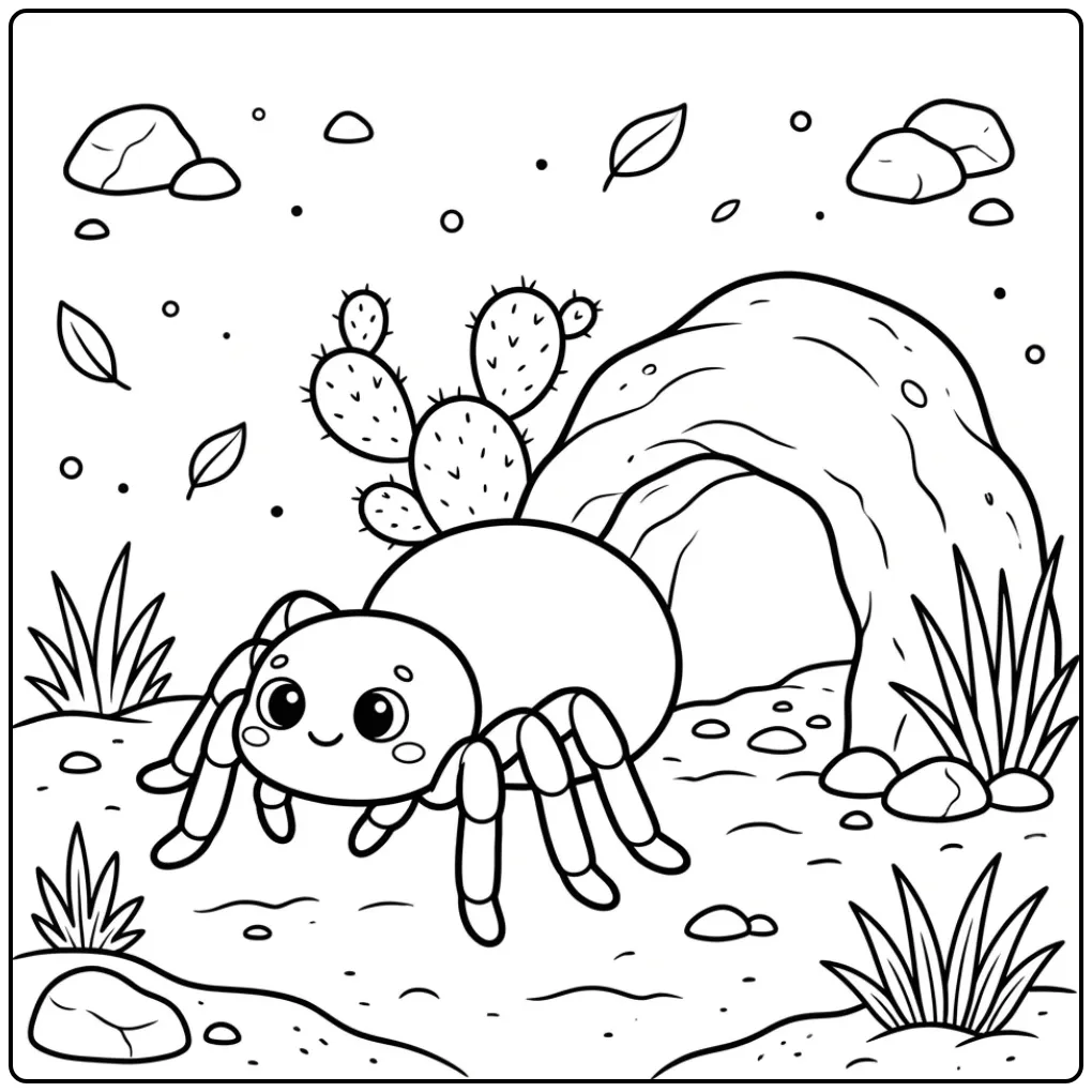 Schattige tarantula spin kleurplaat in een woestijn omgeving.