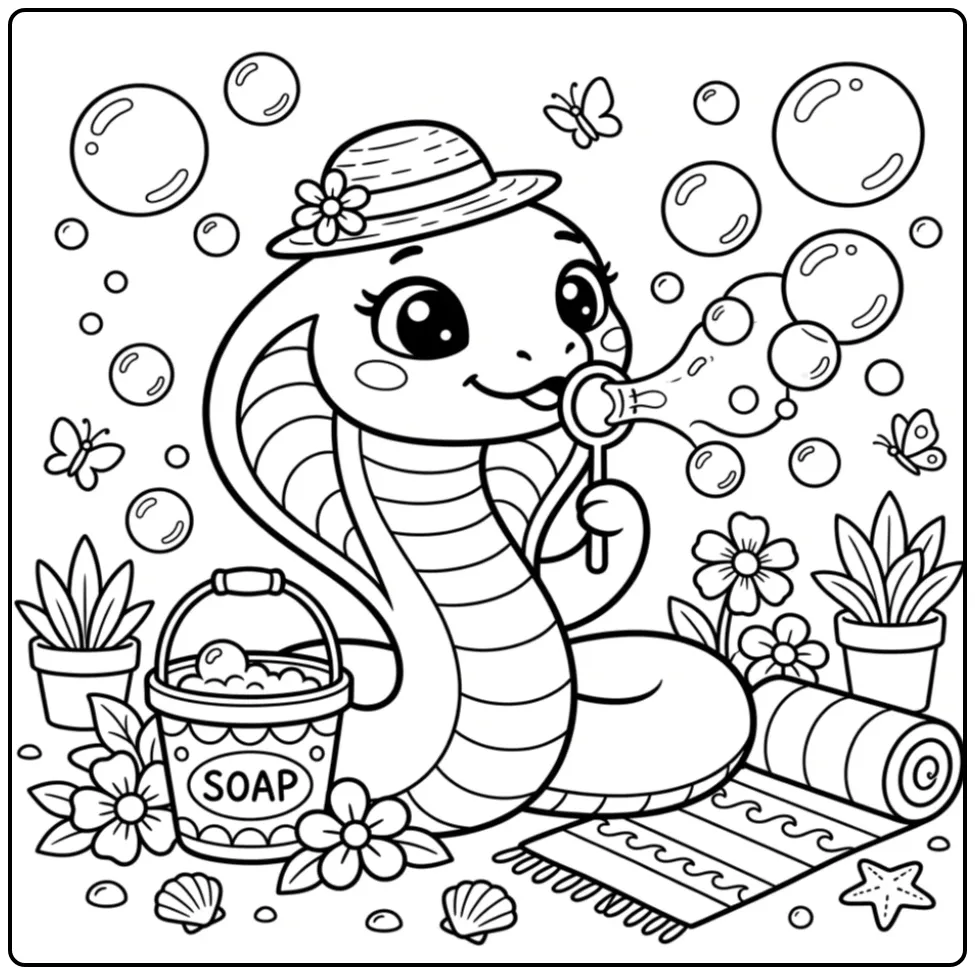 Schattige cobra kleurplaat met zeepbellen en een emmertje.