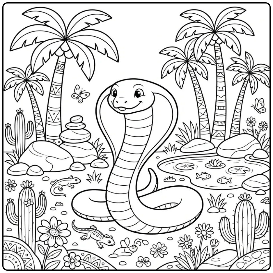 Schattige cobra kleurplaat bij een oase met palmbomen.
