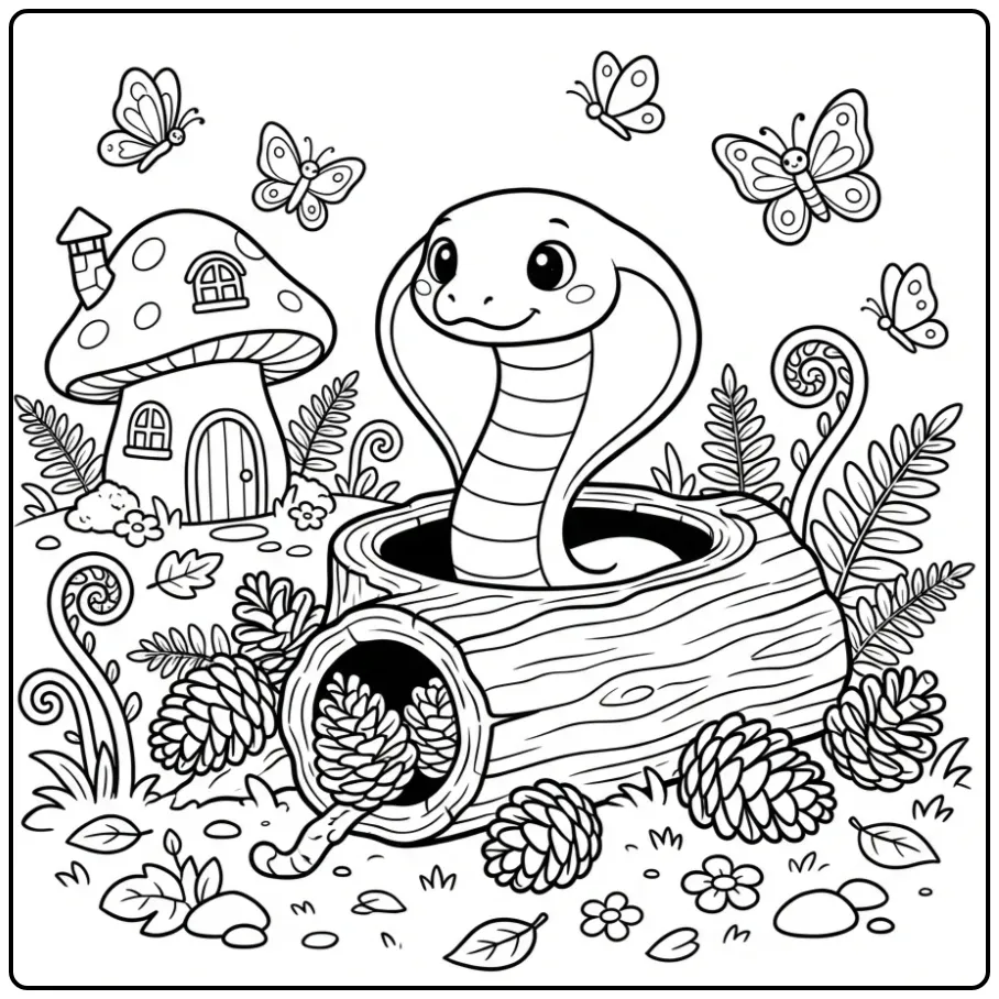Schattige cobra kleurplaat in een holle boomstam in het bos.