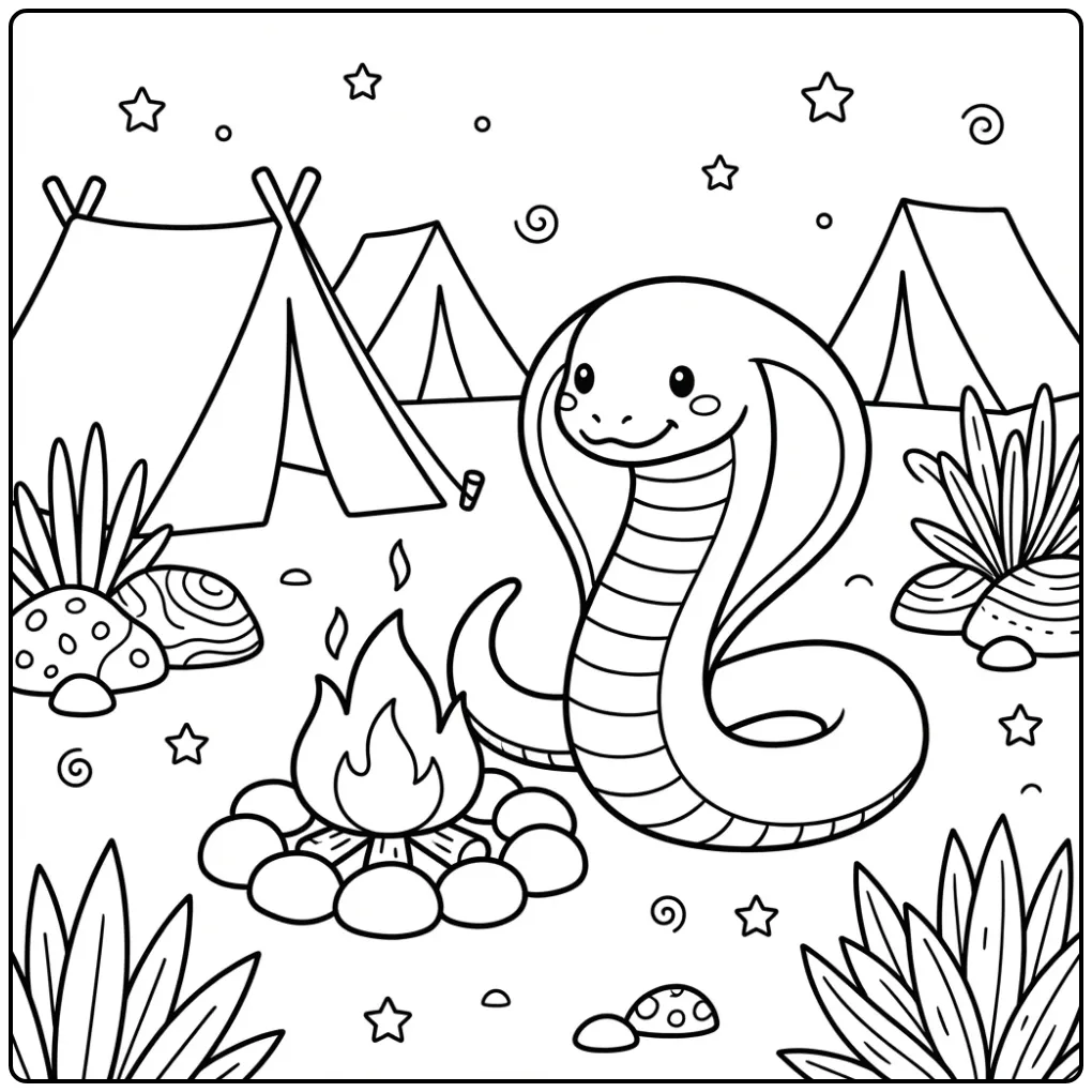 Een schattige cobra kleurplaat bij een kampvuur in de woestijn.