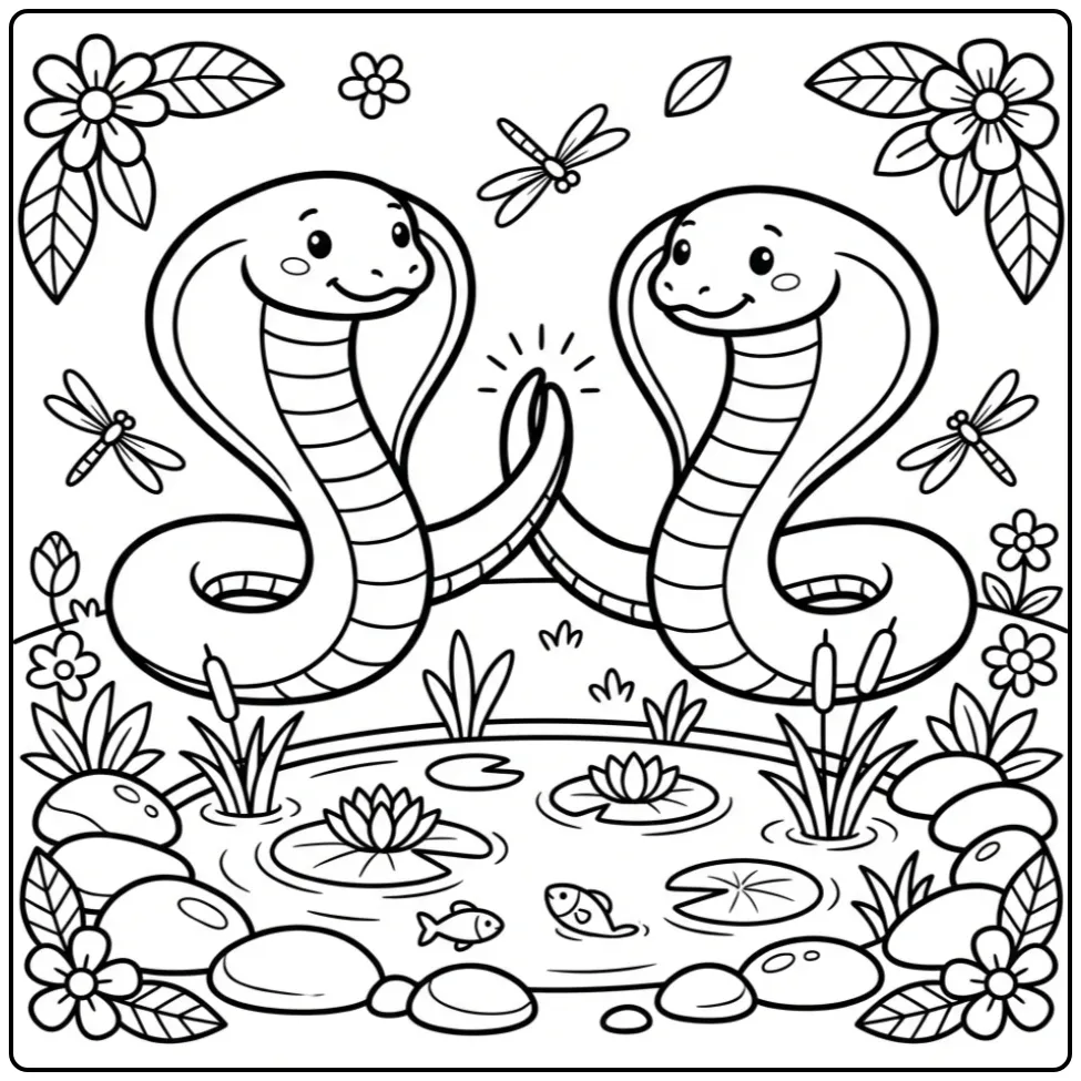 Schattige cobra kleurplaat met twee slangen bij een vijver.