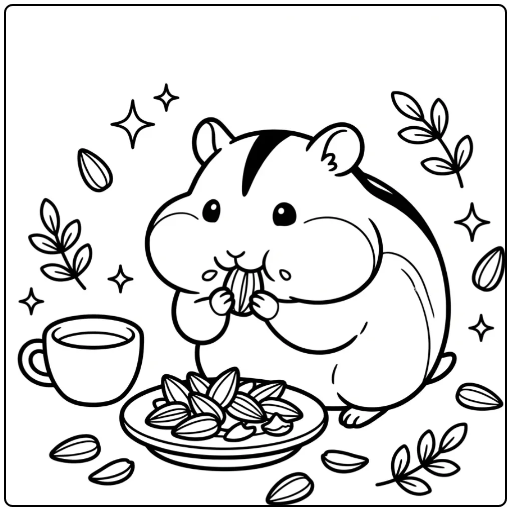 Schattige dwerghamster kleurplaat met zonnebloempitten.
