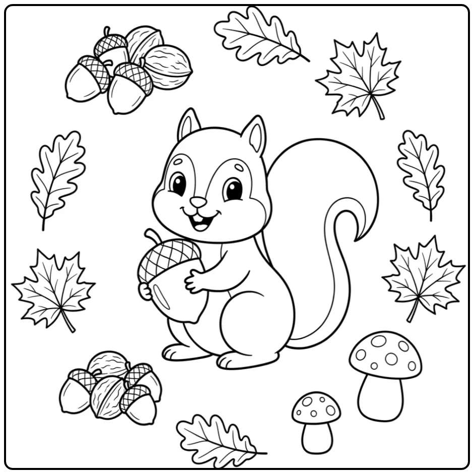 Schattige eekhoorn kleurplaat makkelijk met nootjes.