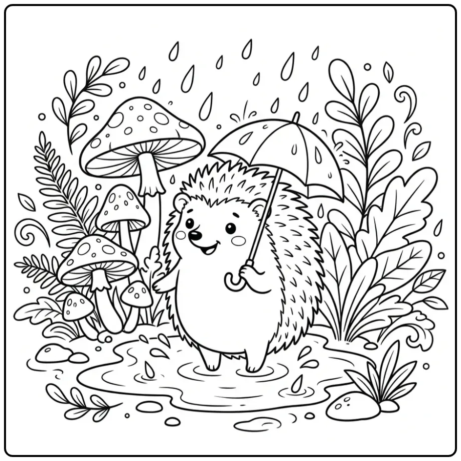 Schattige egel kleurplaat met paraplu en paddenstoelen
