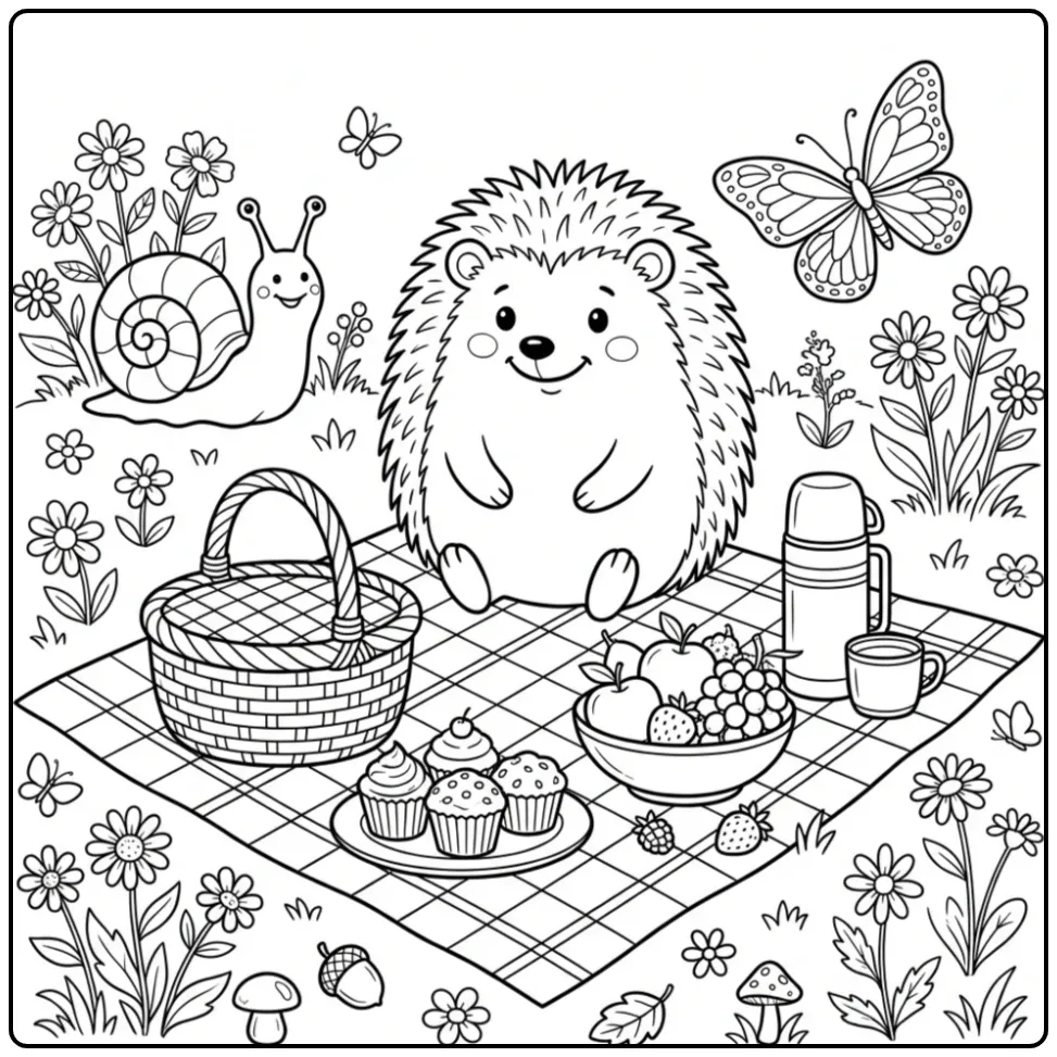 Leuke egel kleurplaat met picknick en vriendjes.