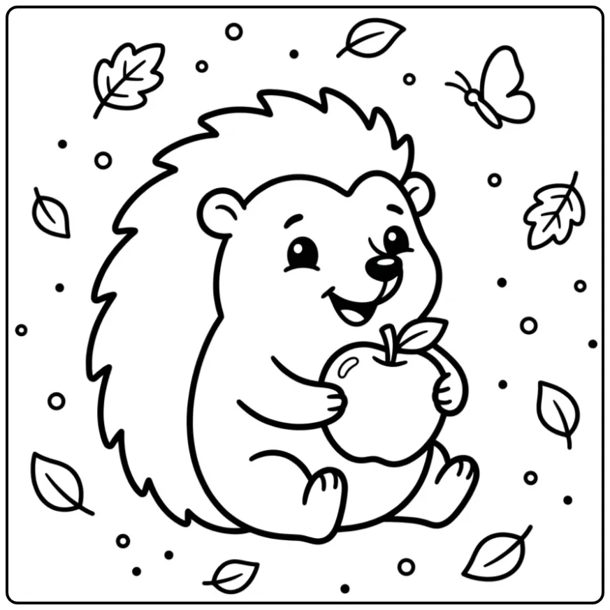 Schattige egel kleurplaat simpel met appel en vlinder.