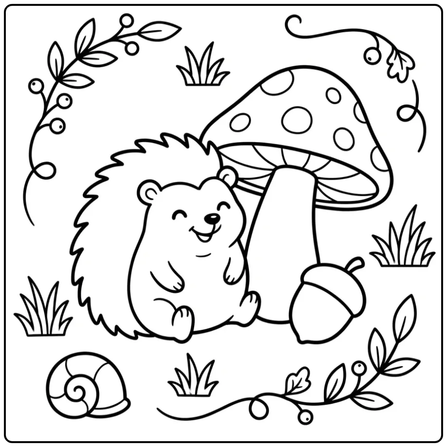 Leuke egel kleurplaat simpel naast een paddenstoel en eikel.