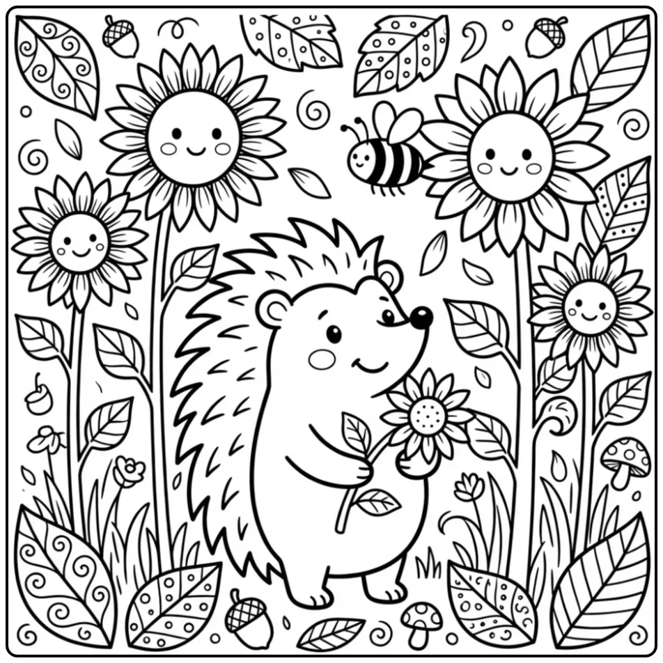 Schattige egel kleurplaat in een zonnebloemenveld.