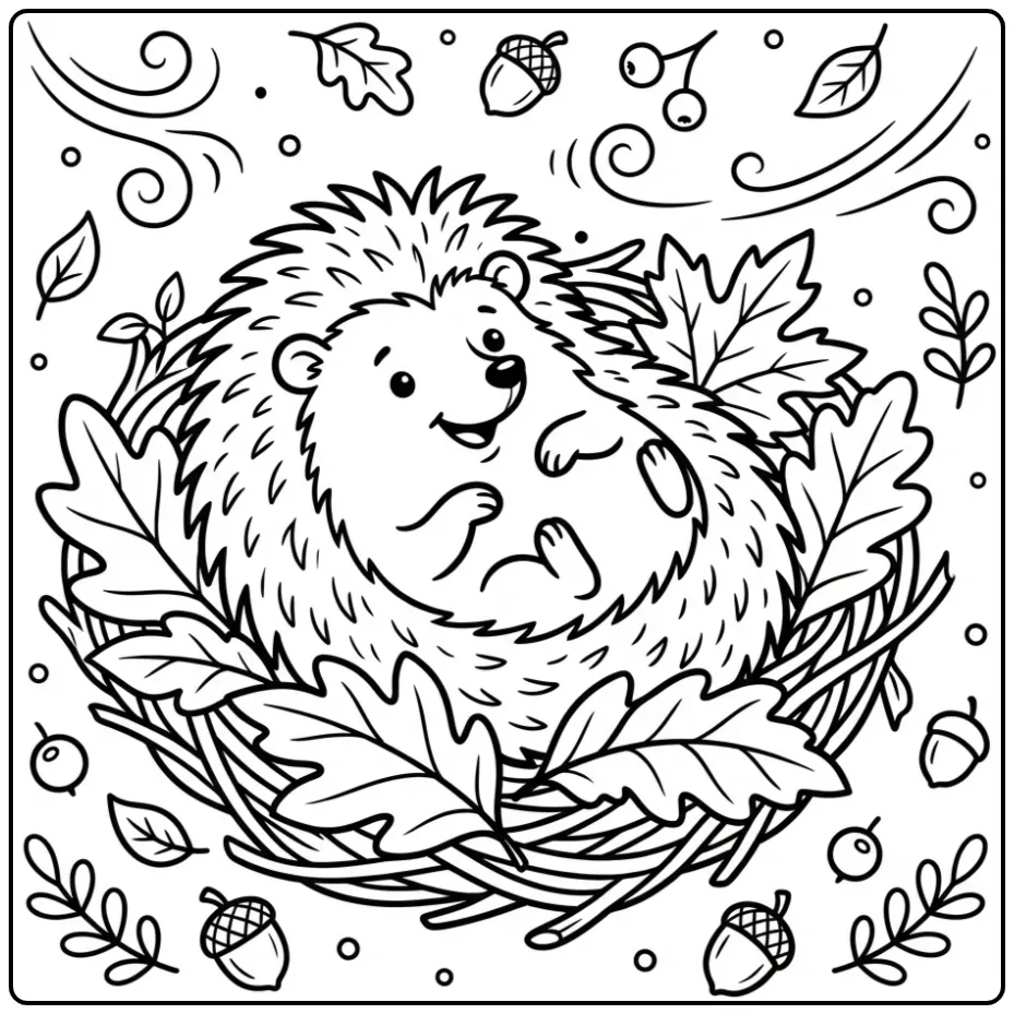 Schattige egel kleurplaat in een nest van herfstbladeren.