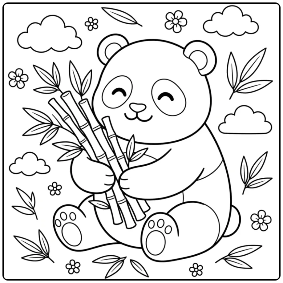 Schattige panda kleurplaat knuffelend met een bos bamboe.