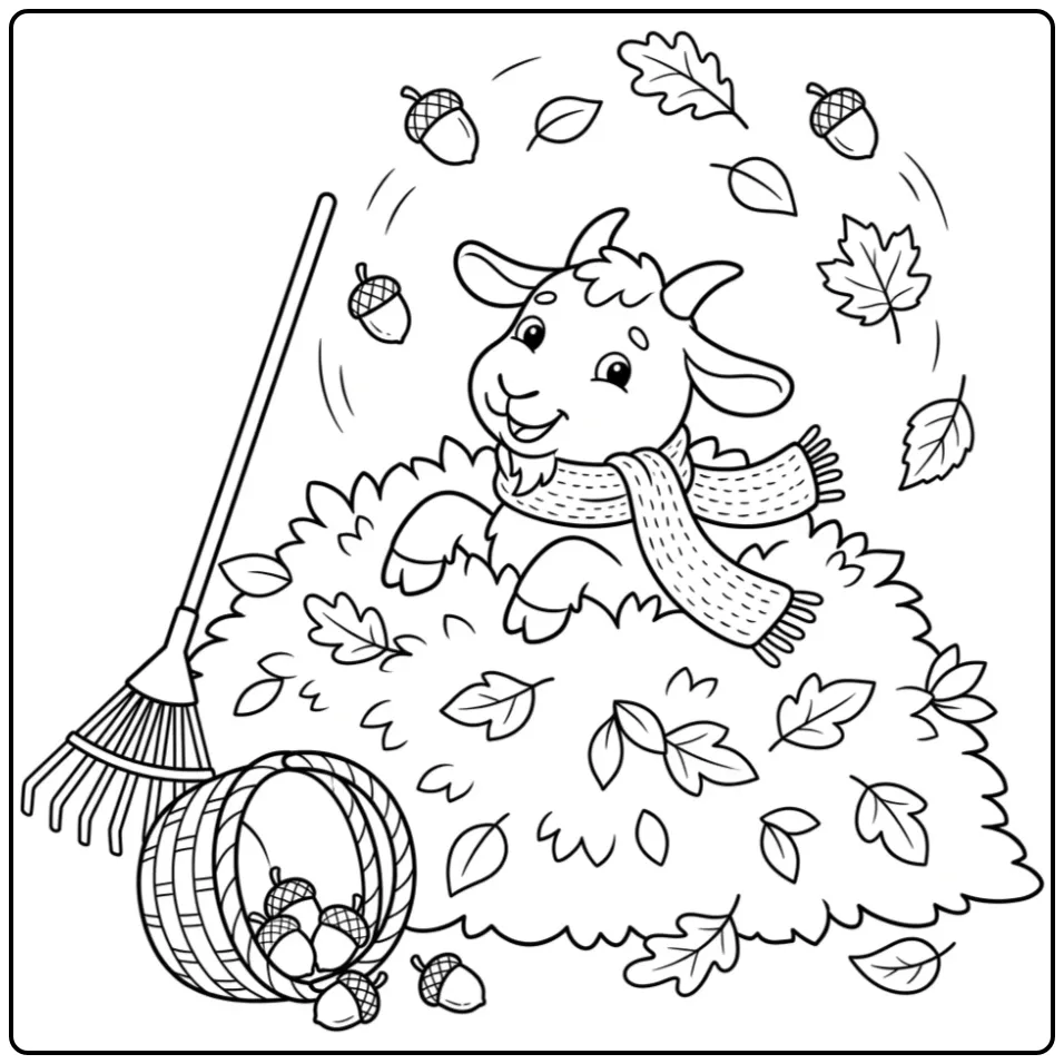 Schattige kleurplaat geit springt uit een berg herfstbladeren.