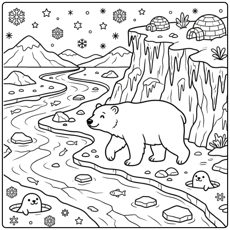Lopende ijsbeer kleurplaat met ijspegels en rotsen