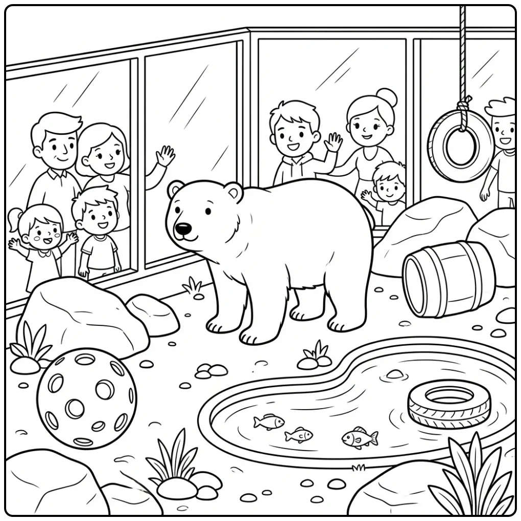 Schattige ijsbeer kleurplaat bij het glas in de dierentuin.