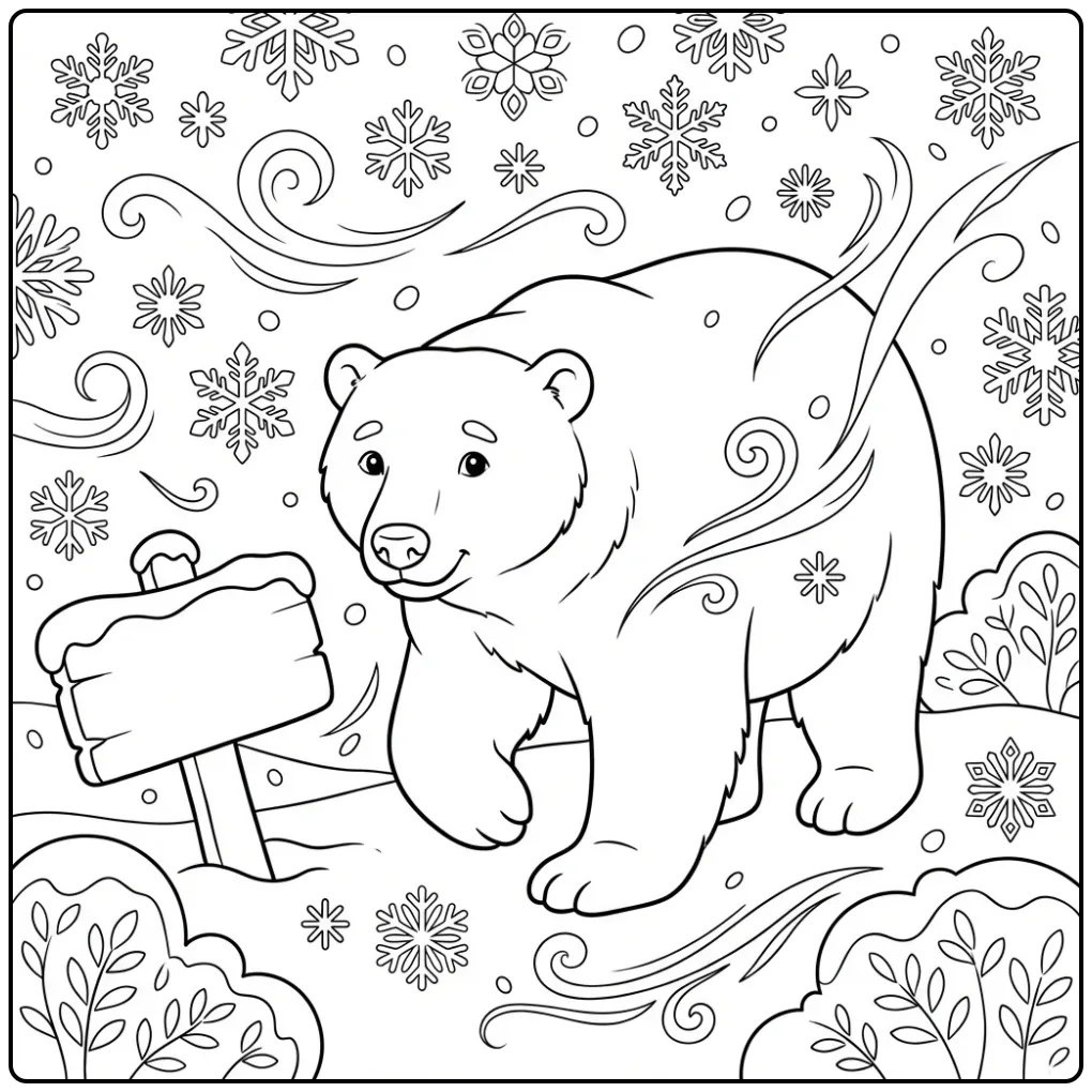 Schattige ijsbeer kleurplaat wandelend door sneeuwvlokken.