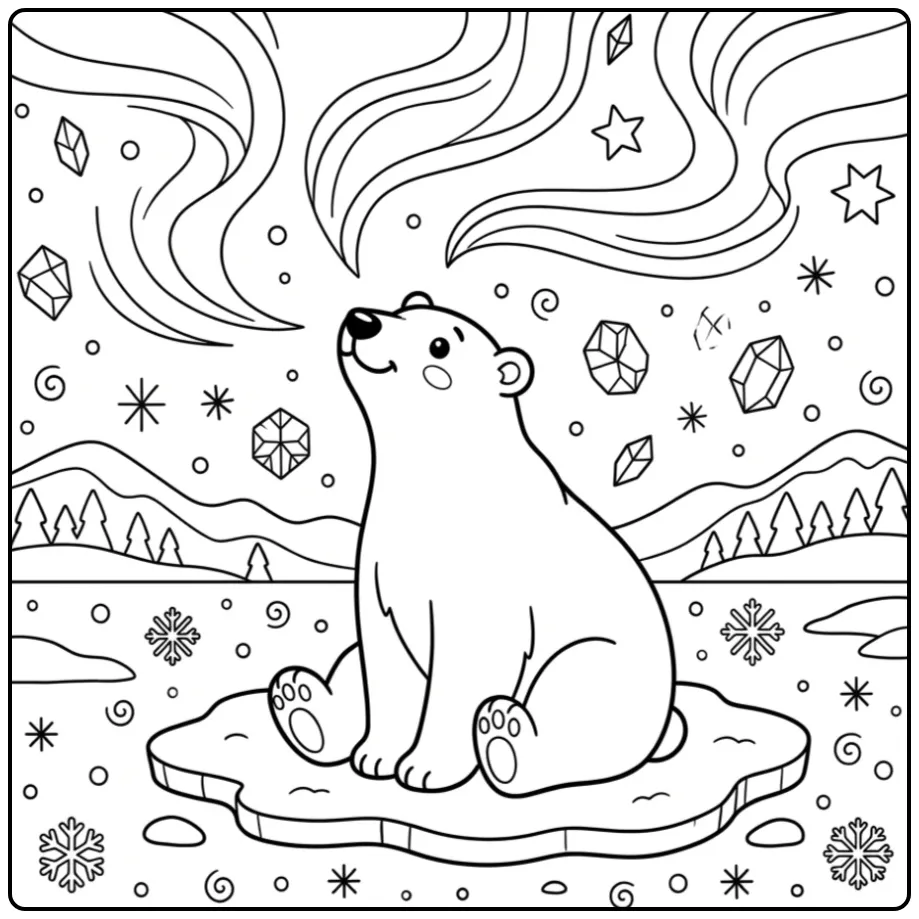 Schattige ijsbeer kleurplaat zittend onder het noorderlicht.