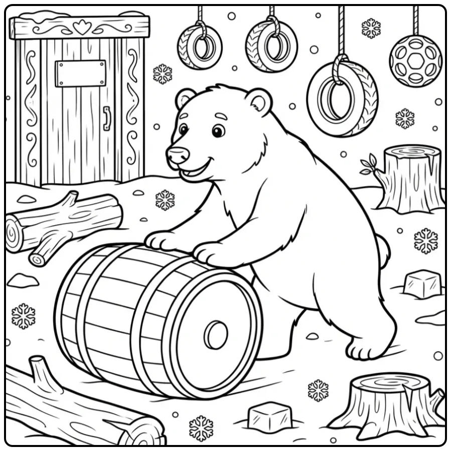 Leuke ijsbeer kleurplaat met een grote speelton in de sneeuw.