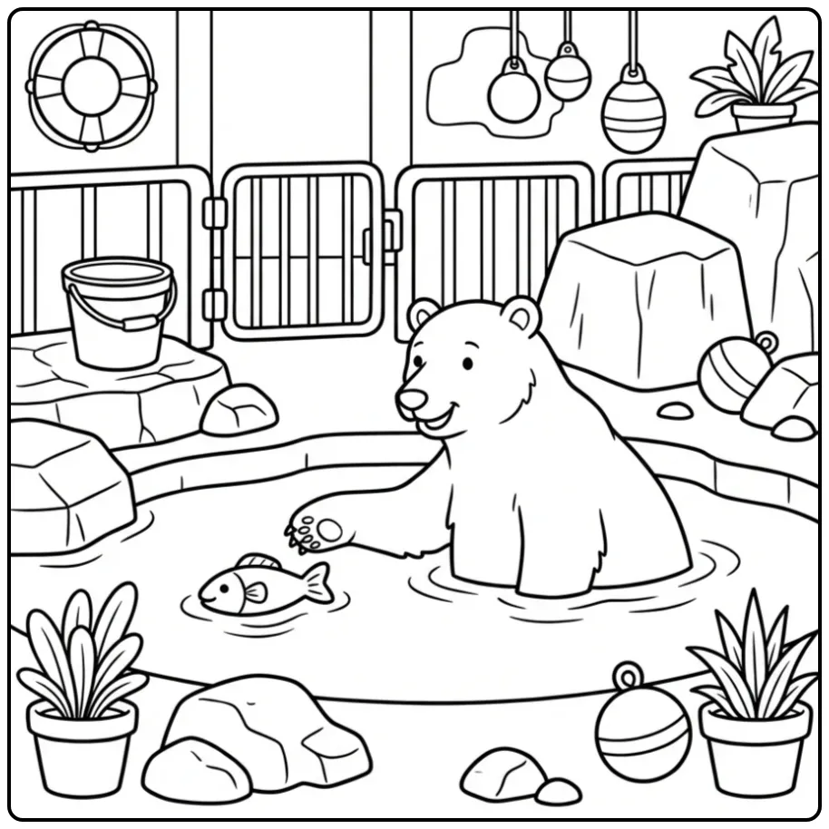 Leuke ijsbeer kleurplaat spelend met speelgoed in het water