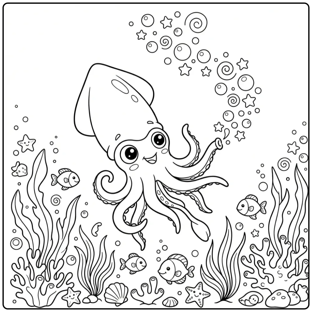 Schattige inktvis kleurplaat zwemmend met sterrenbubbels.