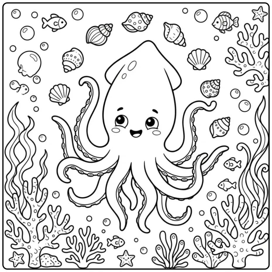 Schattige inktvis kleurplaat die met schelpen jongleert.