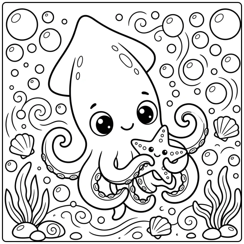 Schattige inktvis kleurplaat met een zeester en bubbels.