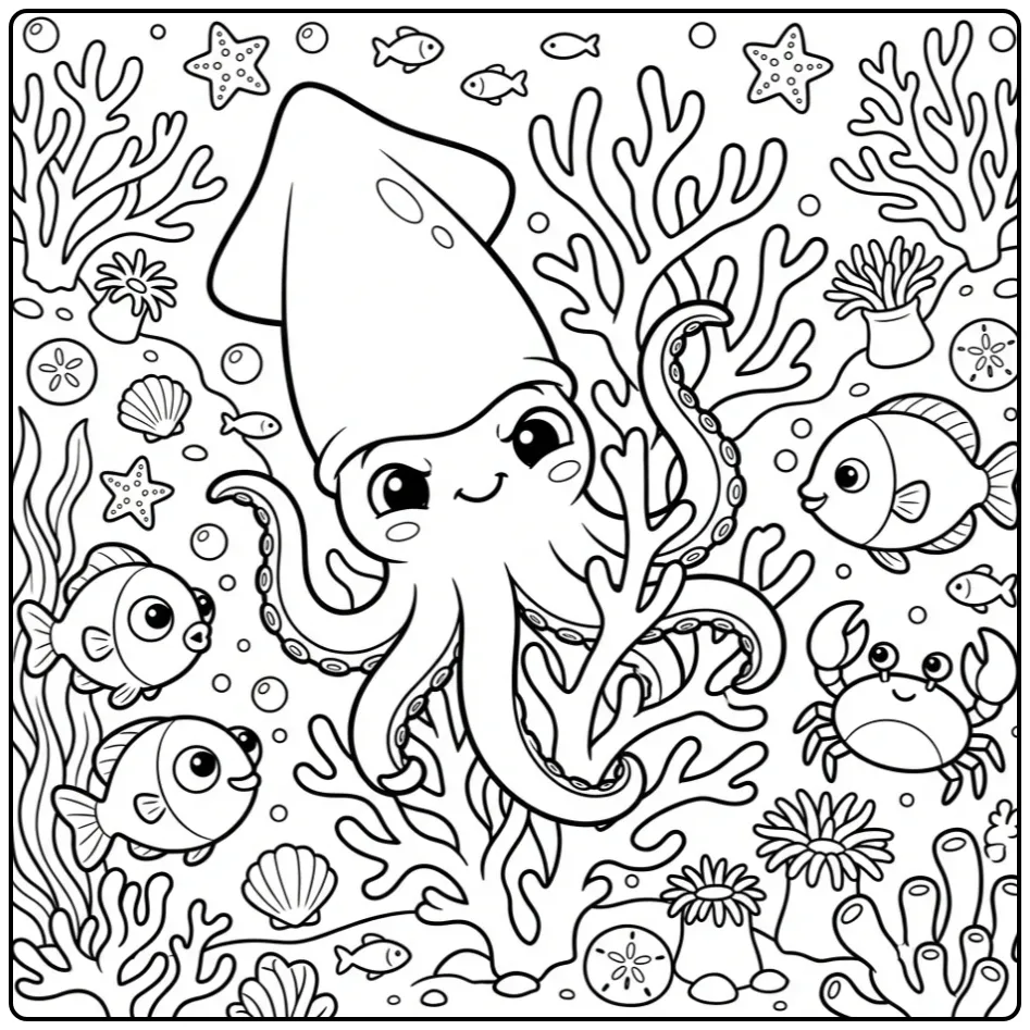 Schattige inktvis kleurplaat spelend tussen het koraal.
