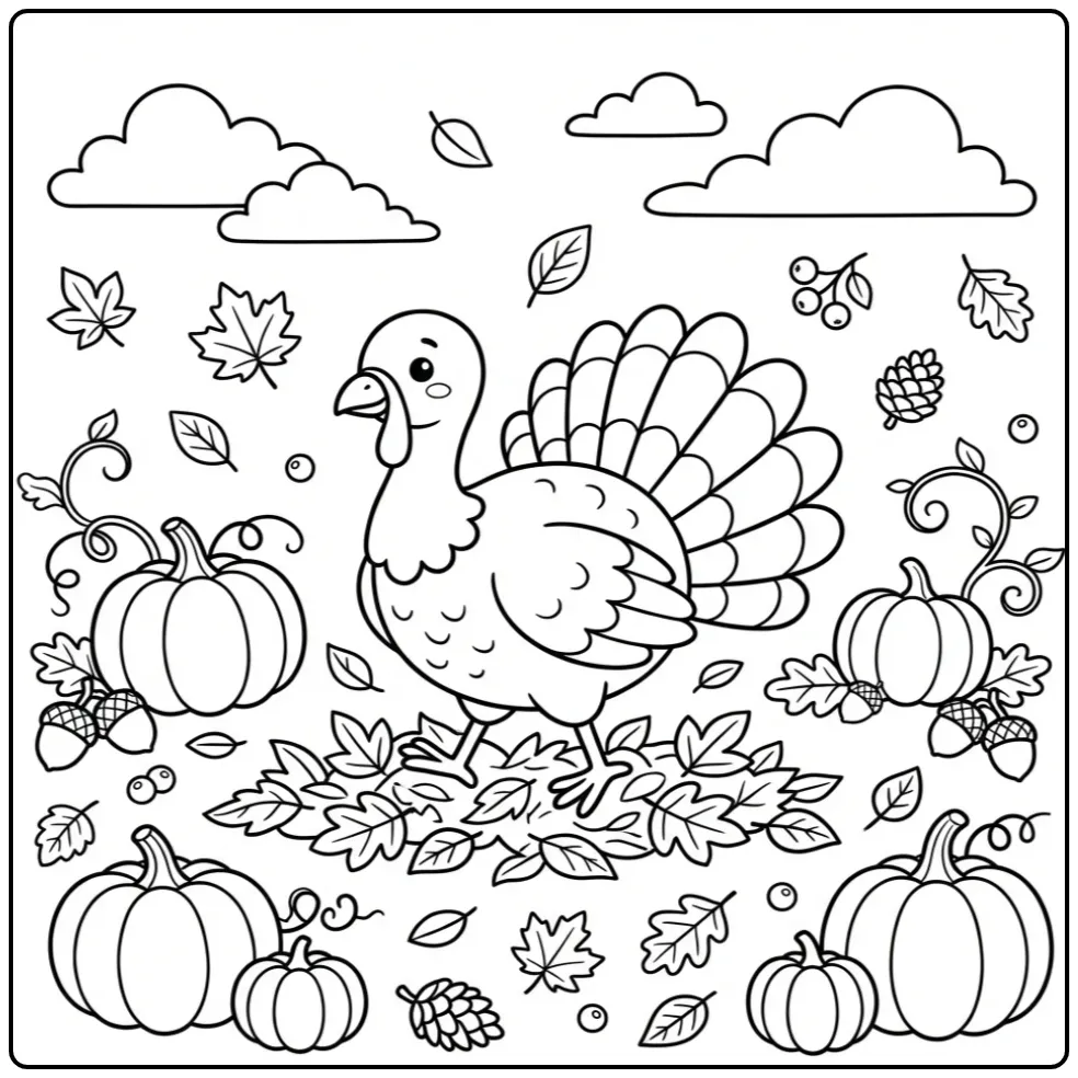 Schattige kalkoen kleurplaat met pompoenen en herfstbladeren.