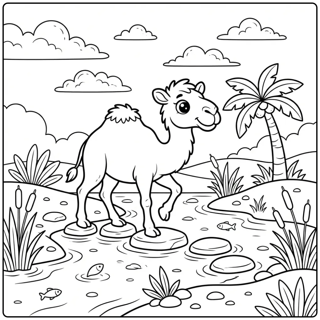 Schattige kameel kleurplaat die over stapstenen loopt.