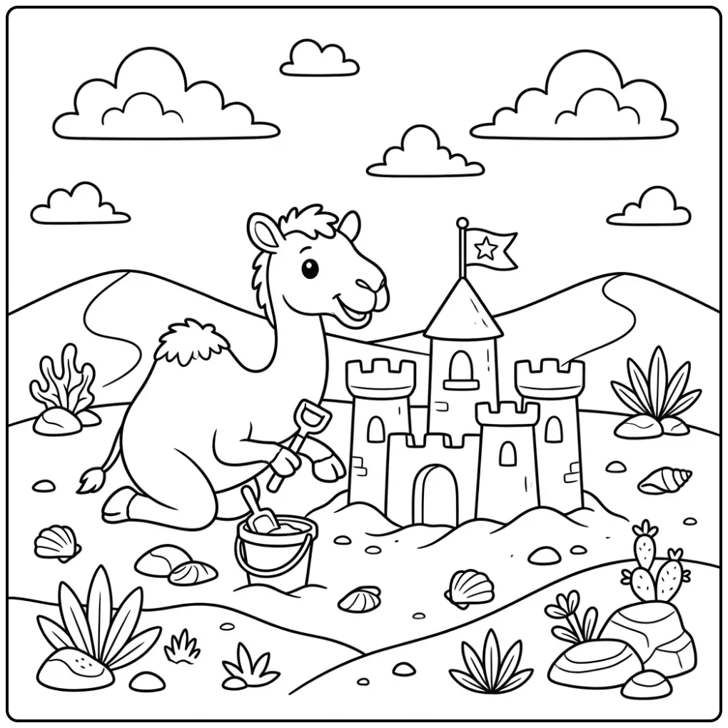 Een schattige kameel kleurplaat met schepje en emmer.