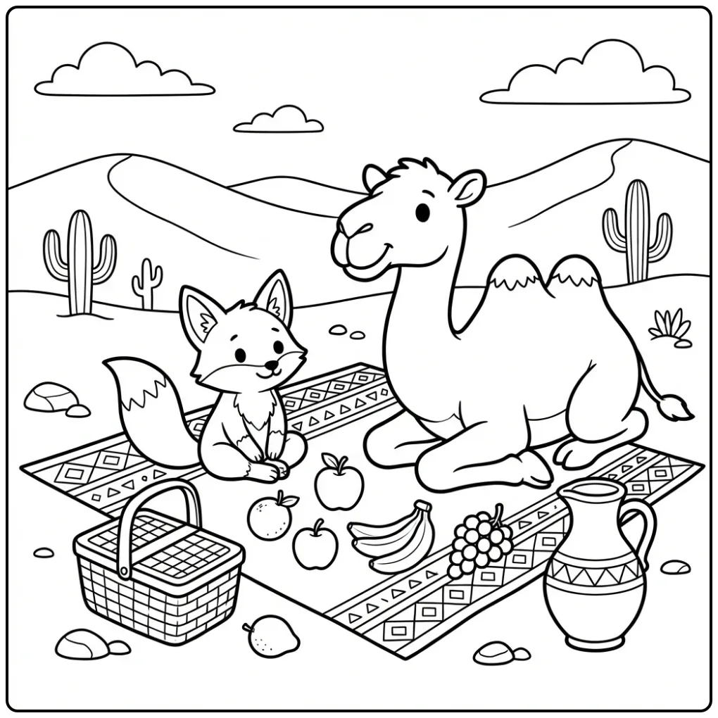 Schattige kameel kleurplaat met een woestijnvosje en picknick.