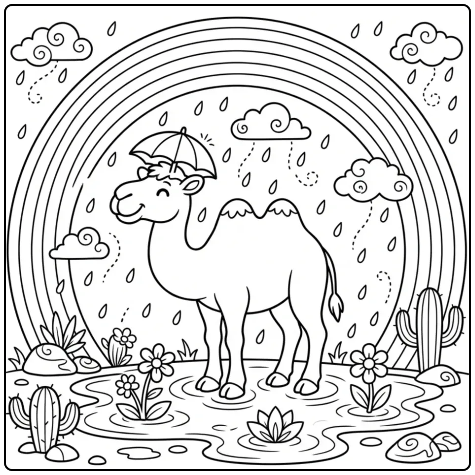 Schattige kameel kleurplaat met parapluhoedje in de regen.