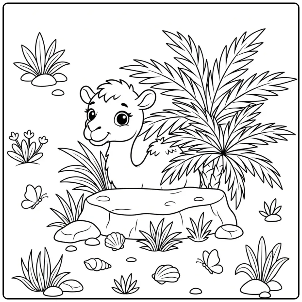 Kameel kleurplaat van een nieuwsgierig jong in de woestijn.