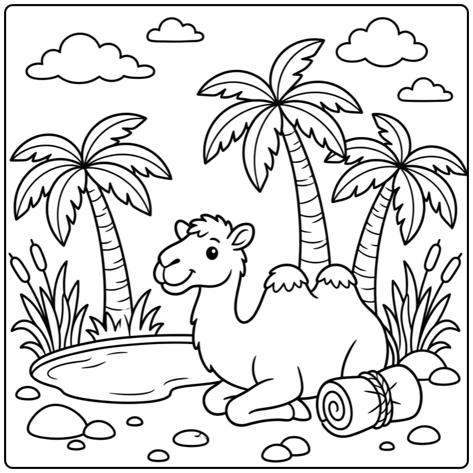 Kameel kleurplaat van een lachende kameel bij een oase.