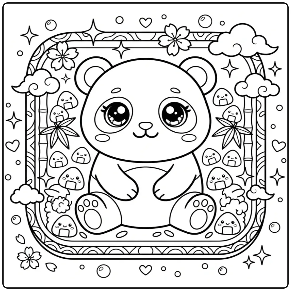 Schattige kawaii panda kleurplaat met bento snacks en bamboe.