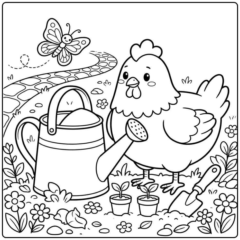 Kip kleurplaat eenvoudig van een hen in de tuin met gieter.