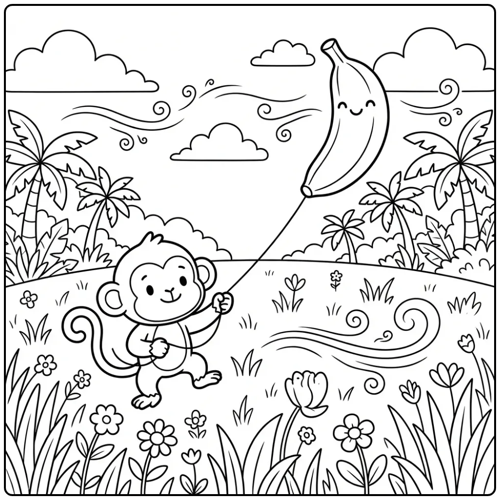 Schattige kleurplaat aap met een banaanvlieger in de wei.