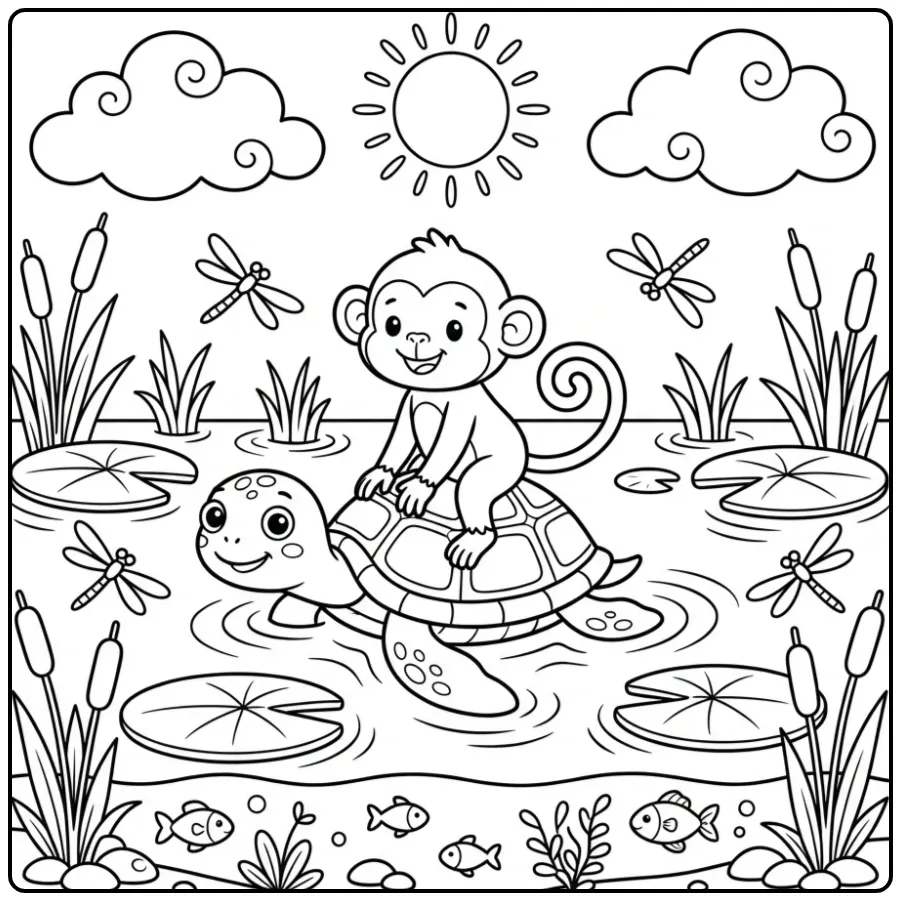 Schattige kleurplaat aap op een schildpad tussen waterlelies.