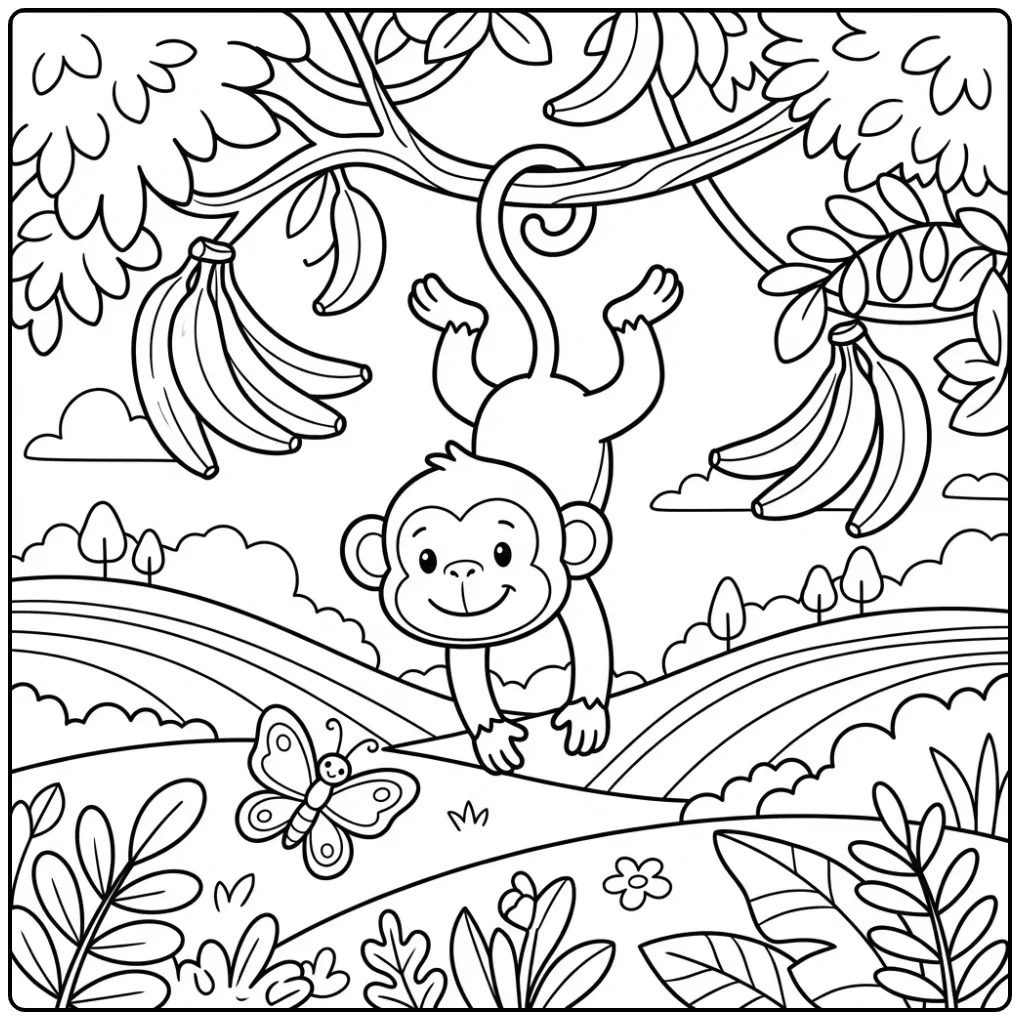 Schattige kleurplaat aap in boom met bananen en vlinder.