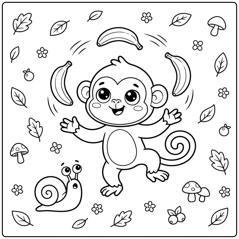 Schattige kleurplaat aap met banaan die vrolijk jongleert.