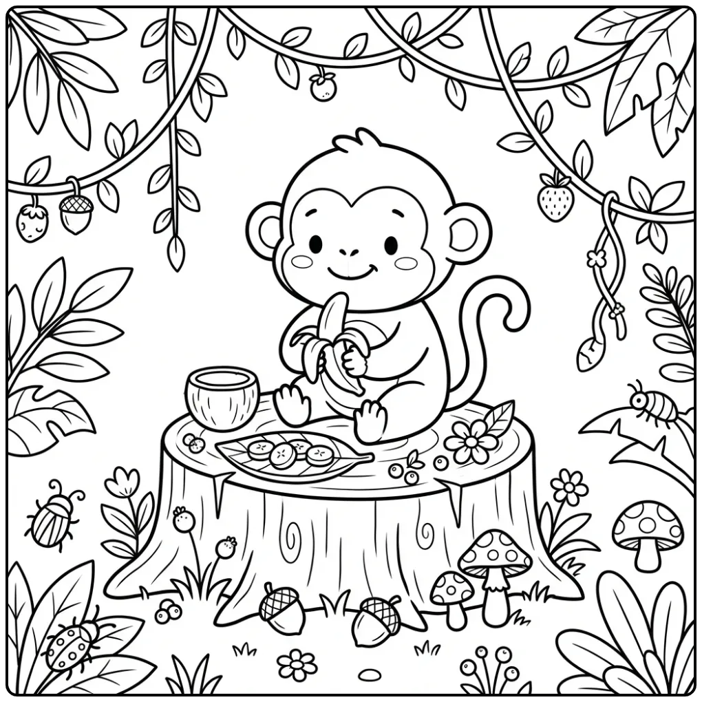 Schattige kleurplaat aap met banaan zittend aan een tafel.