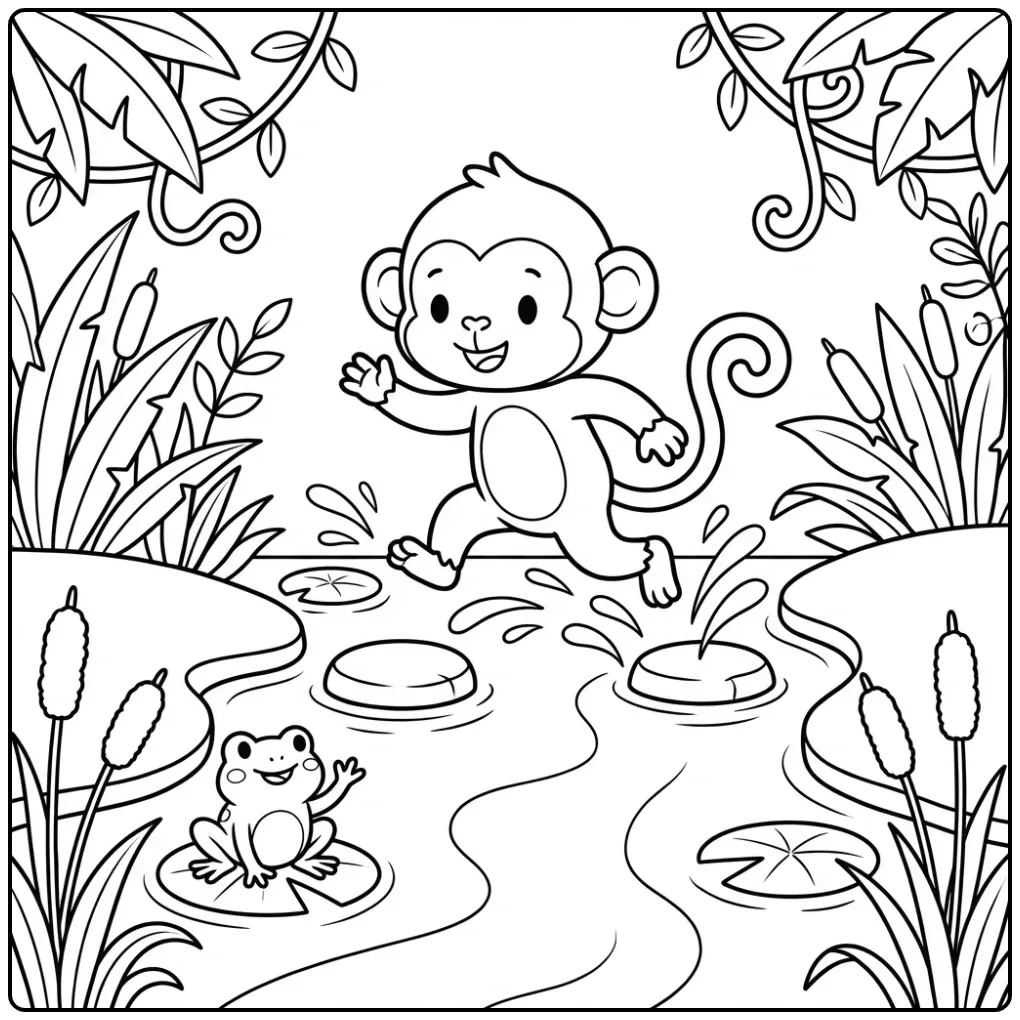 Een leuke kleurplaat aap die over stenen in de rivier springt.