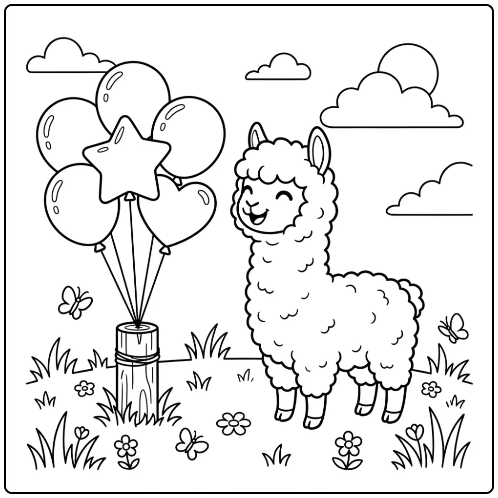 Een schattige kleurplaat alpaca met ballonnen buiten.