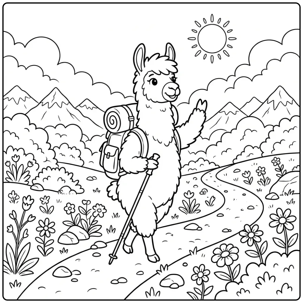 Schattige kleurplaat alpaca wandelend op een bergpad.