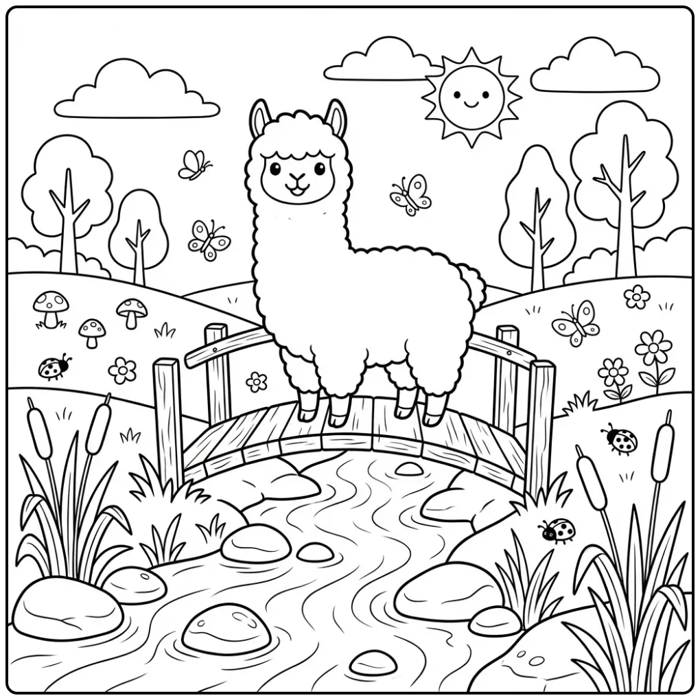 Schattige kleurplaat alpaca op een bruggetje over water.